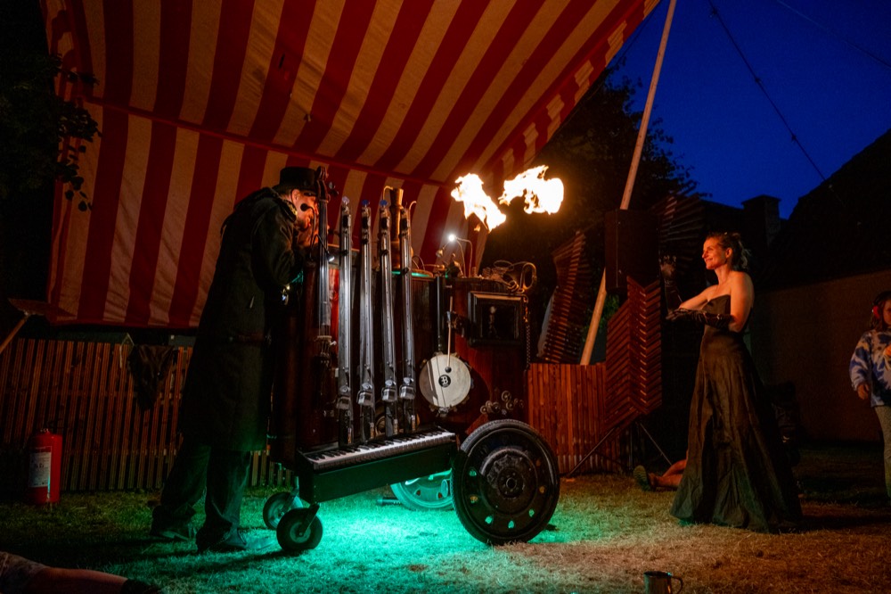 The music machine under a striped circus tent